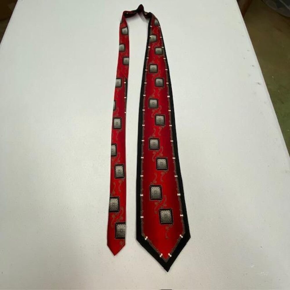 Vintage Forte Handmade Silk Tie Art Deco Geometric Red Black Wide